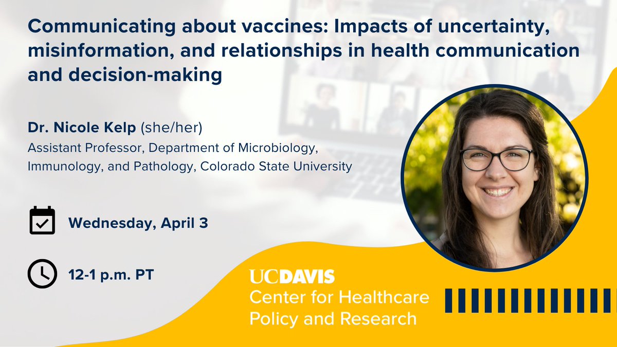Join us April 3 as we launch our spring 2024 Seminar Series! @CSU_MIP's @NicoleKelp will discuss vaccine misinformation and inclusive approaches for physicians and public health personnel to communicate about vaccines and address misinformation. Register: ucdavis.co1.qualtrics.com/jfe/form/SV_0v…