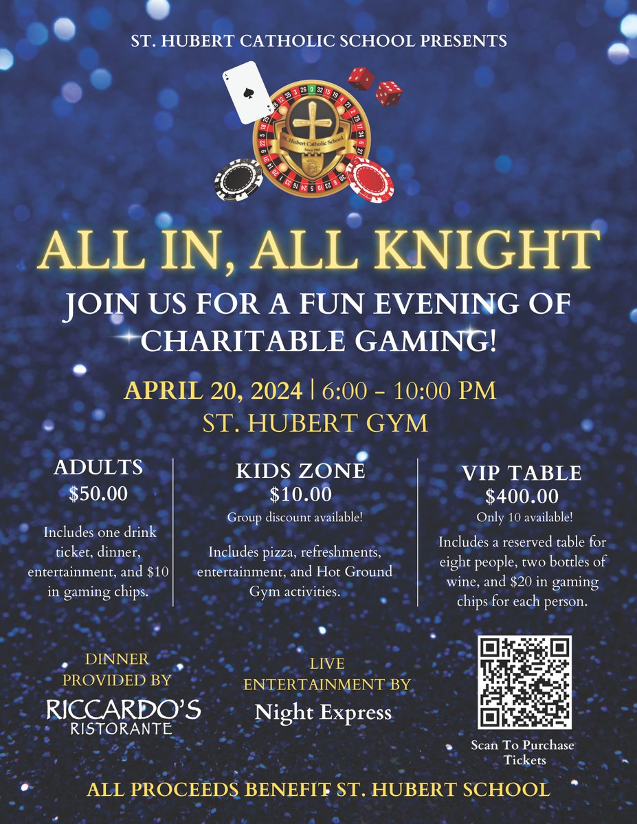 StHubertKnights's tweet photo. Join us on April 20 for a night of dinner (Riccardo's Ristorante), drinks, live music (Night Express) and charitable gaming. Tickets are $50/adult and $10 per child with a max of $25 for families with 3 or more children. Go to https://t.co/HKjXuP6bCi https://t.co/bysTIy9994