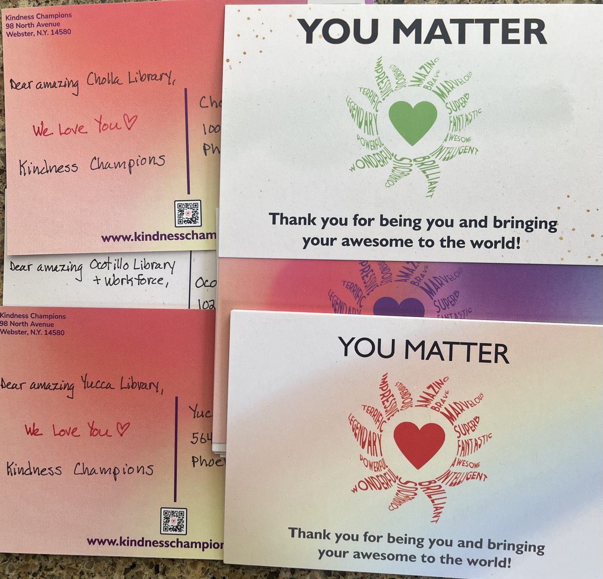 KindnessChamps's tweet photo. “The public library is where place and possibility meet.” Stuart Dybek

We are HUGE fans of #libraries📚🌟

To celebrate libraries we will be sending #YouMatter postcards💌

There are over 117,000 libraries in the USA so it will take a little bit of time🙄 #postcardproject❤️ https://t.co/aov0gAjNB5