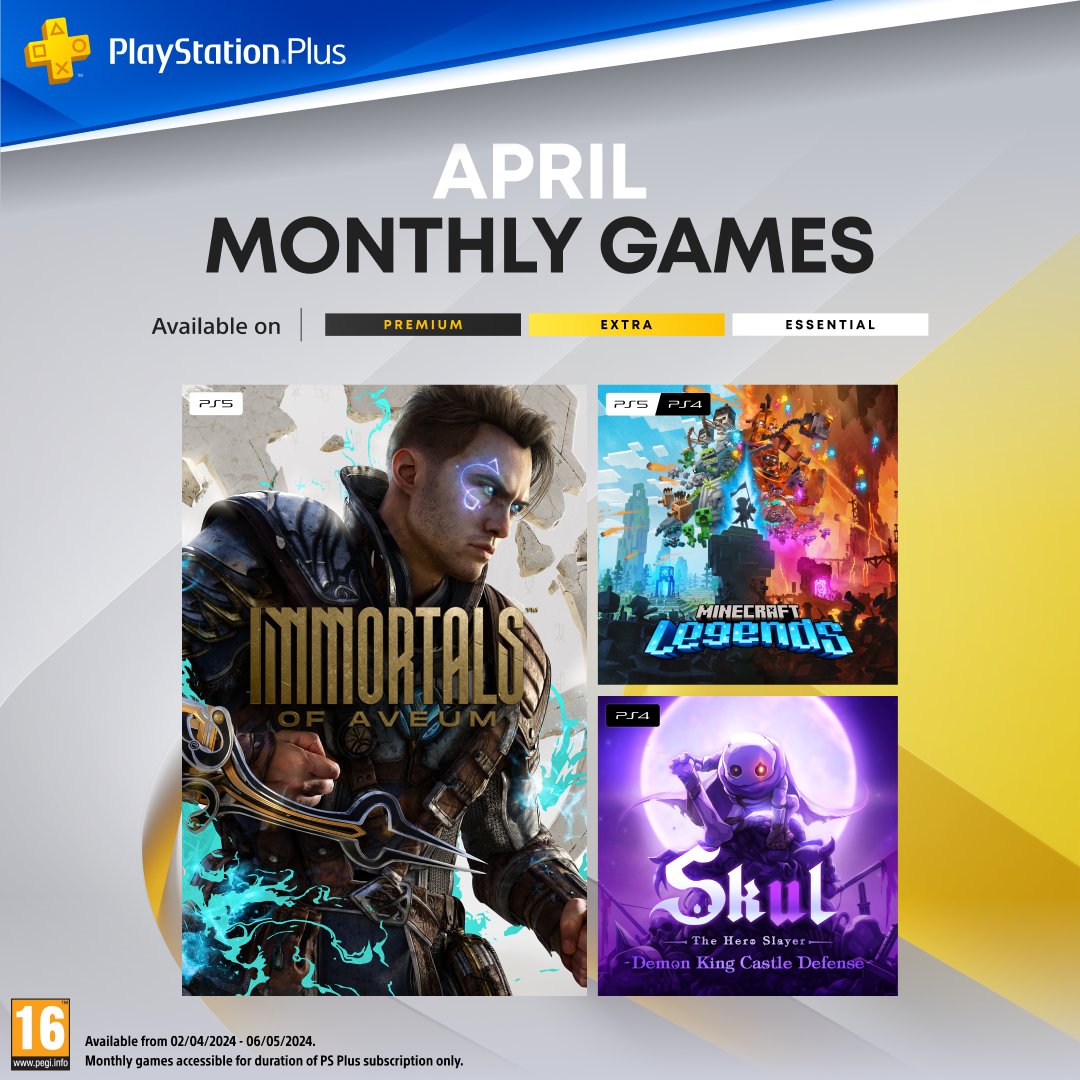 Your PlayStation Plus Monthly Games for April are: ➕ Immortals of Aveum ➕ Minecraft Legends ➕ Skul: The Hero Slayer Full details: play.st/43D102t