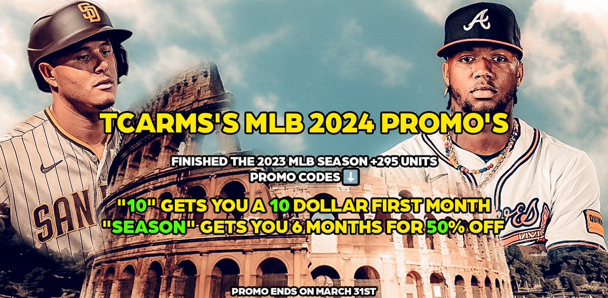 TCarmTheGoat's tweet photo. 🚨🚨 2024 MLB PROMO 🚨🚨

It’s finally time, last season was a movie finishing up +295.22 units. Lets do it again 💰

Promo code “10” gets you a 10 dollar first month 

Promo code “Season” gets you 50% off the full season 

Join here:  https://t.co/YrbDBFARPo https://t.co/Lobc4envxn