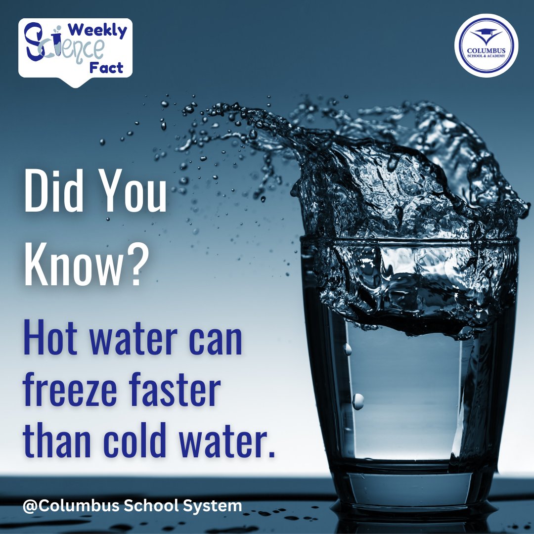 ColumbusSchool_'s tweet photo. Did you know that hot water can freeze faster than cold water under certain conditions?
.
.
#ScienceFacts #DidYouKnow #FunScience #ScienceTrivia #AmazingFacts #ScienceIsCool #FactOfTheDay #STEM #ScienceExplained #FascinatingScience #ScienceNews #Curiosity #WonderOfScience #Facts https://t.co/9VsssdXF1B