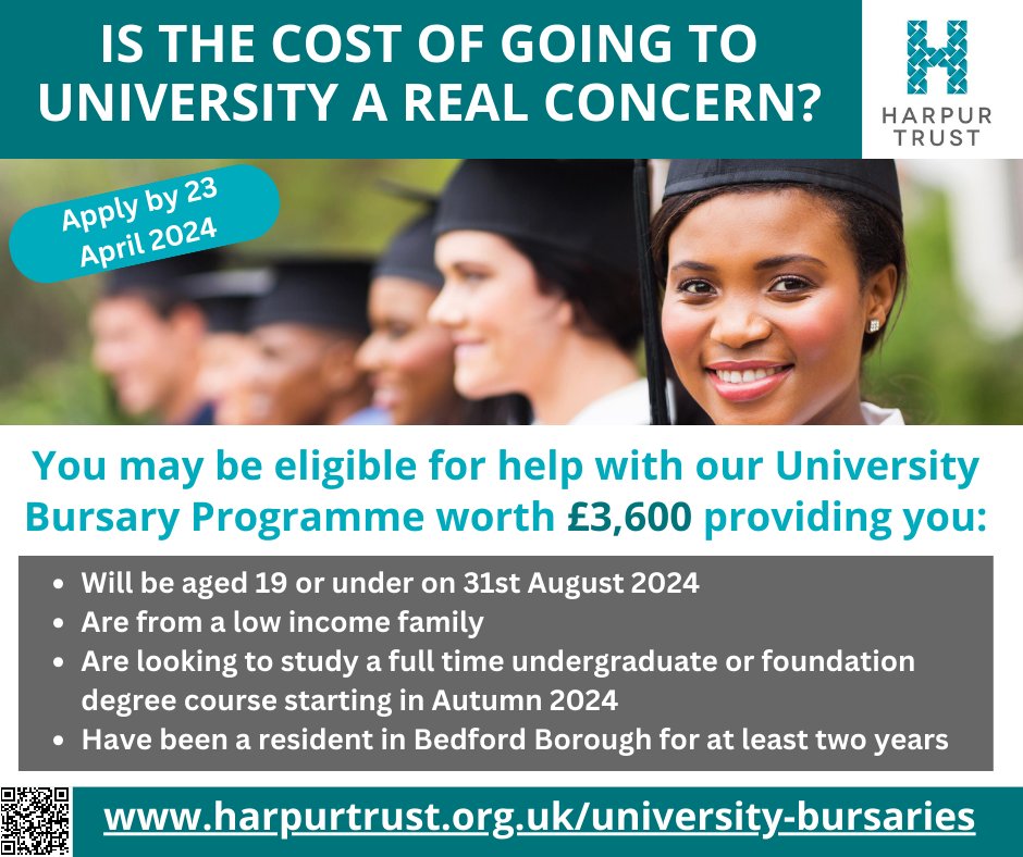 If you or your child lives in Bedford and is off to university in September you could benefit from a Harpur Trust bursary to help cover the costs of studying. The deadline to apply is 23 April.  

Find out if you're eligible at harpurtrust.org.uk/university-bur…

 #University #Bursary