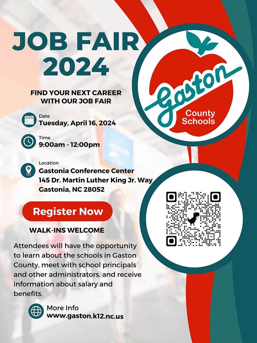 Join us for our job fair on April 16 at Gastonia Conference Center, 9 am-12 pm! Explore admin, teaching, & non-teaching roles. Meet school staff, learn about benefits. Walk-ins welcome! Register on our website under the 'Jobs' tab. For info, call (704) 866-6129.