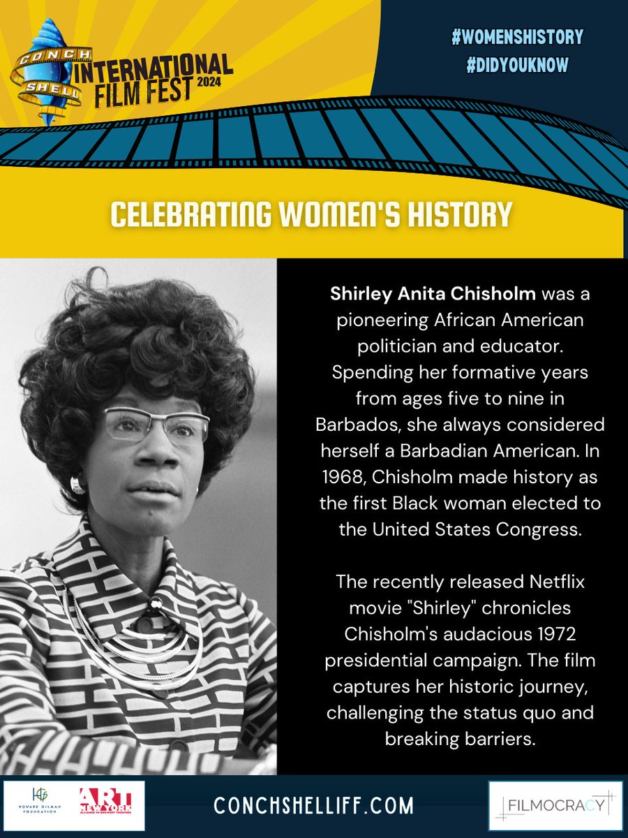 Shirley Chisholm legacy is celebrated this Women’s History Month with the June release of 'Shirley' on Netflix.

#ShirleyChisholm 
#WomensHistoryMonth 
#conchshelliff
#CaribbeanFilm
#CaribbeanDiaspora 
#CaribbeanFilmFestival 
#CSIFF24 
#DYK
#caribbeanwriters