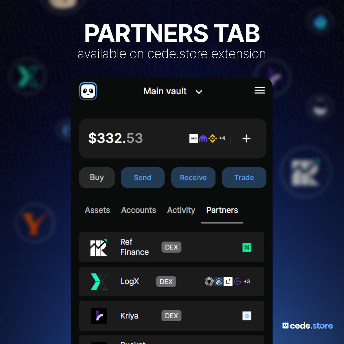 Have you checked out the new 'Partners' tab on your cede.store extension yet? 👀

Our partner ecosystem is growing rapidly🔥and we want YOU to experience the power of our CEX on-ramp integration across different dApps!

Which partner will you try first? 🐼