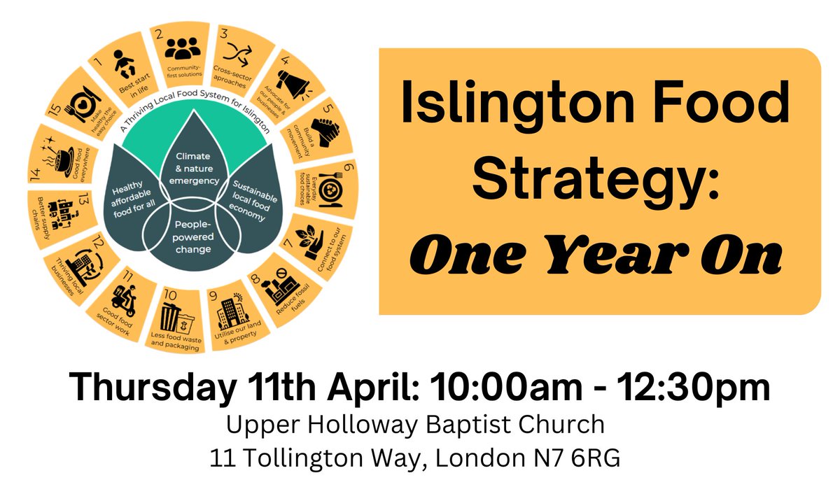 One year already! 😮 The Islington Food Strategy was launched in 2023 as a collaborative effort in Islington to establish priority areas for making positive changes in our food system. And now, we are coming together  to review the Strategy. Register-&gt; eventbrite.co.uk/e/islington-fo…