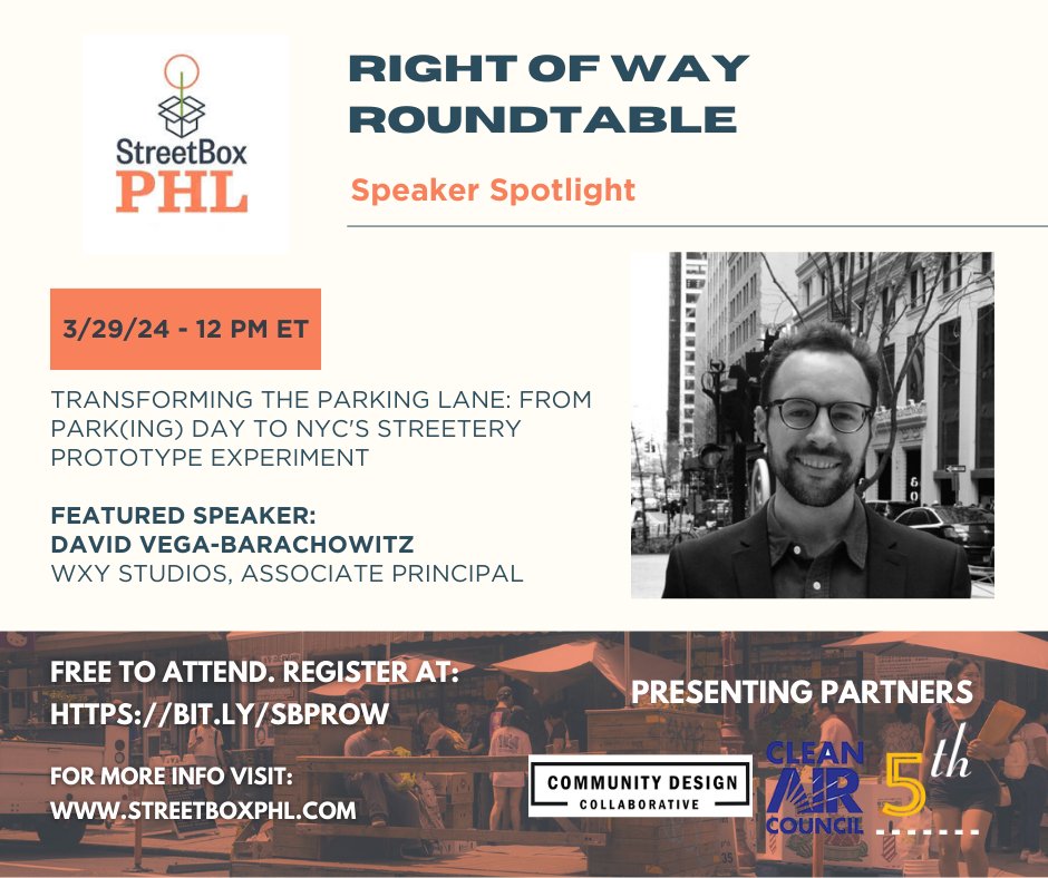 StreetboxPHL's tweet photo. Join StreetBoxPHL's monthly roundtable this March 29th to learn more about Transforming the Parking Lane with Erike H. De Veyra and David Vega-Barachowitz.

Click this link  https://t.co/VrDzrgsn6R for more info and to register for our upcoming roundtables! #StreetBoxPhl https://t.co/FpXZ1VLe7R