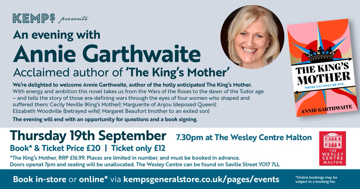 #KingsMotherTour stops off in Yorkshire with the wonderful Kemps General Store. This is going to be a BIG one! For details of this and other fabulous King's Mother events go to anniegarthwaite.com/events. @VikingBooksUK @MarjacqScripts @immmy @lauradermody3