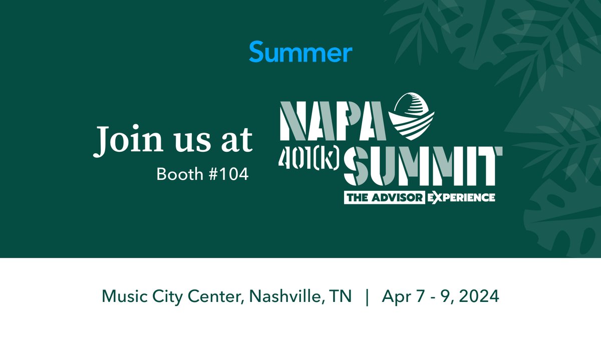 The Summer team is Nashville bound for <a href="/NAPA401K/">NAPA - National Association of Plan Advisors</a> Summit!  Send us a DM to connect or stop by booth #104 to talk with our expert team about all things Secure 2.0 and student loan retirement matching.

#NAPA401k #Secure2.0 #StudentLoans