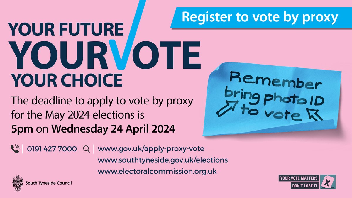 Today is the last day to apply to vote by proxy (where someone votes on your behalf) if you’re unable to vote in person at the elections on Thursday 2 May. Apply by 5pm today ⏰ Find out more at southtyneside.gov.uk/elections or call us on 0191 427 7000.