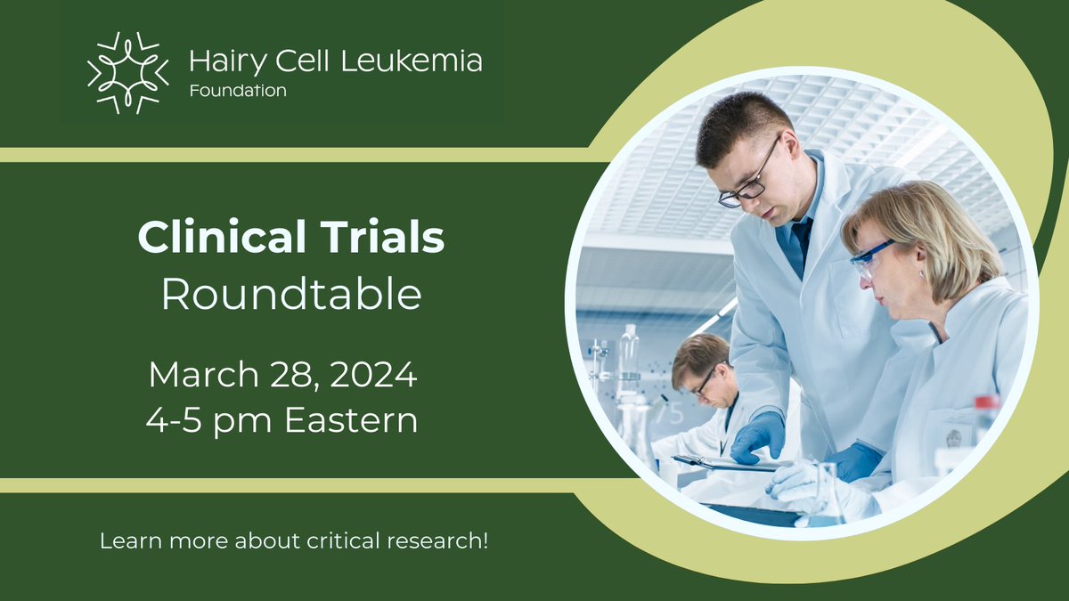 Join us tomorrow from 4-5 pm Eastern for our online Clinical Trials roundtable. We'll hear from a patient who has participated in an HCL clinical trial using vemurafenib and rituximab. Register using this link: hairycellleukemia.org/calendar/2024/….