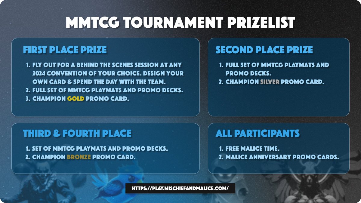 Hello, Mischief &amp; Malice fam

We are excited to announce that the first MMTCG online tournament registration is now live!

We have an amazing lineup of prizes for everyone who participates and spots are limited! Register below: 👇

play.mischiefandmalice.com