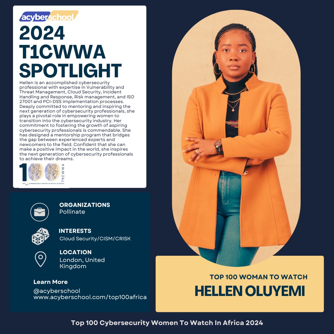 Acyberschool's tweet photo. Hellen Oluyemi, a skilled cybersecurity expert, specializes in Vulnerability and Threat Management, Cloud Security, Incident Handling, Risk management, and implementing ISO 27001 and PCI-DSS processes. 

She is dedicated to guiding and motivating future cybersecurity professionals, particularly women entering the field.

Her mentorship program connects seasoned experts with newcomers, fostering growth and knowledge exchange.

Hellen's passion for empowering aspiring cybersecurity experts is truly inspiring, as she strives to make a meaningful difference in the industry.