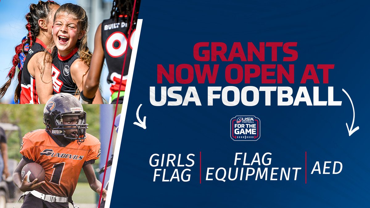 📢 Grant Applications are now 𝗢𝗣𝗘𝗡! 🔘 Girls Flag Grant 🔘 Flag Equipment Grant 🔘 AED Grant Learn more & get started with your application today at the link below 👇 🔗 usafootball.com/grants #FootballForAll #USAFBGrants