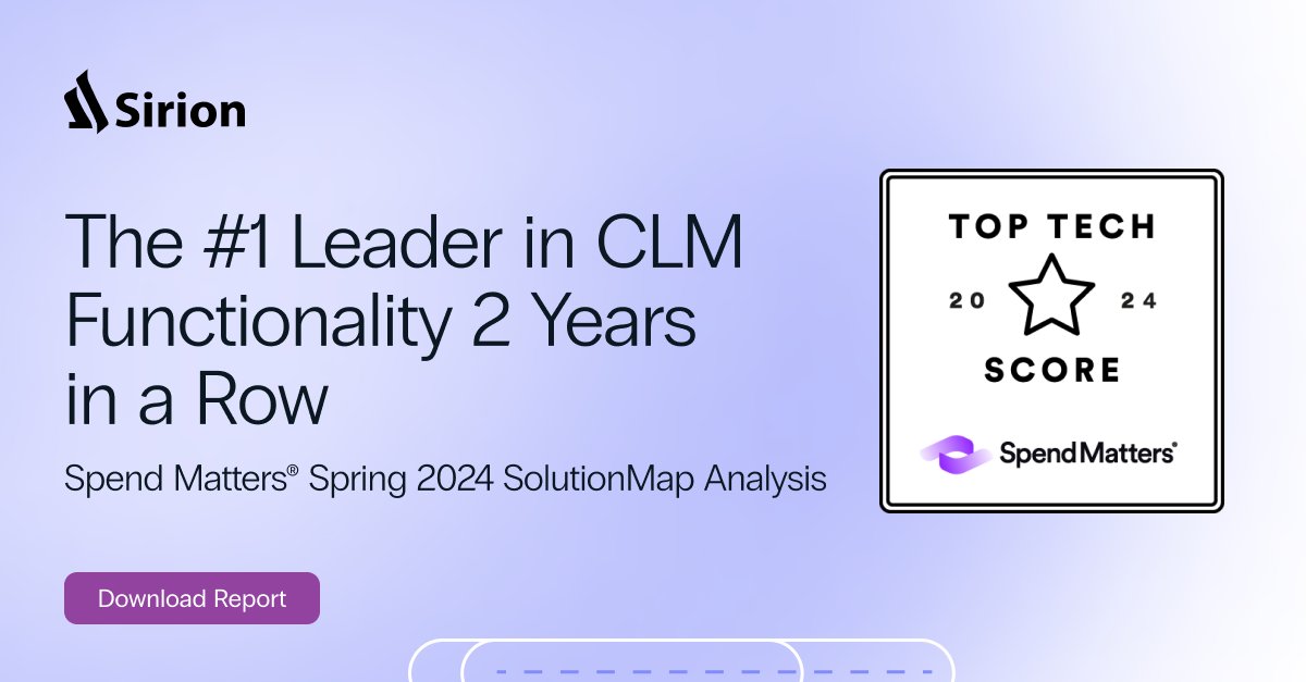 We've done it again 🙌. #SpendMatters ranked Sirion the number one leader in #CLM functionality for the 2nd year in a row.

We're honored and proud of the team working so hard to make our AI-powered functionality what it is today.

Full report below 👇
sirion.ai/report/spendma…