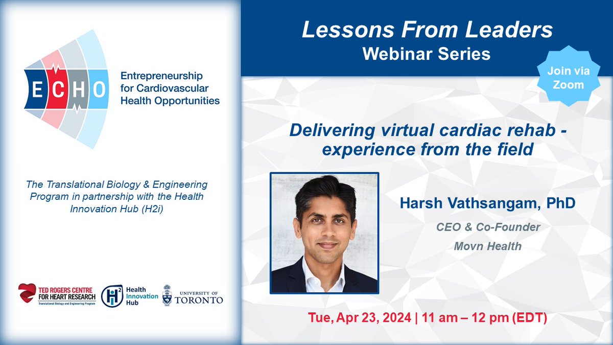 ECHO’s next Lessons from Leaders webinar will feature Dr. Harsh Vathsangam (@hvathsangam), CEO and Co-Founder of @MovnHealth - the leading national telehealth provider of virtual cardiac rehab & cardiovascular prevention programs in the USA. Register now: us02web.zoom.us/meeting/regist…