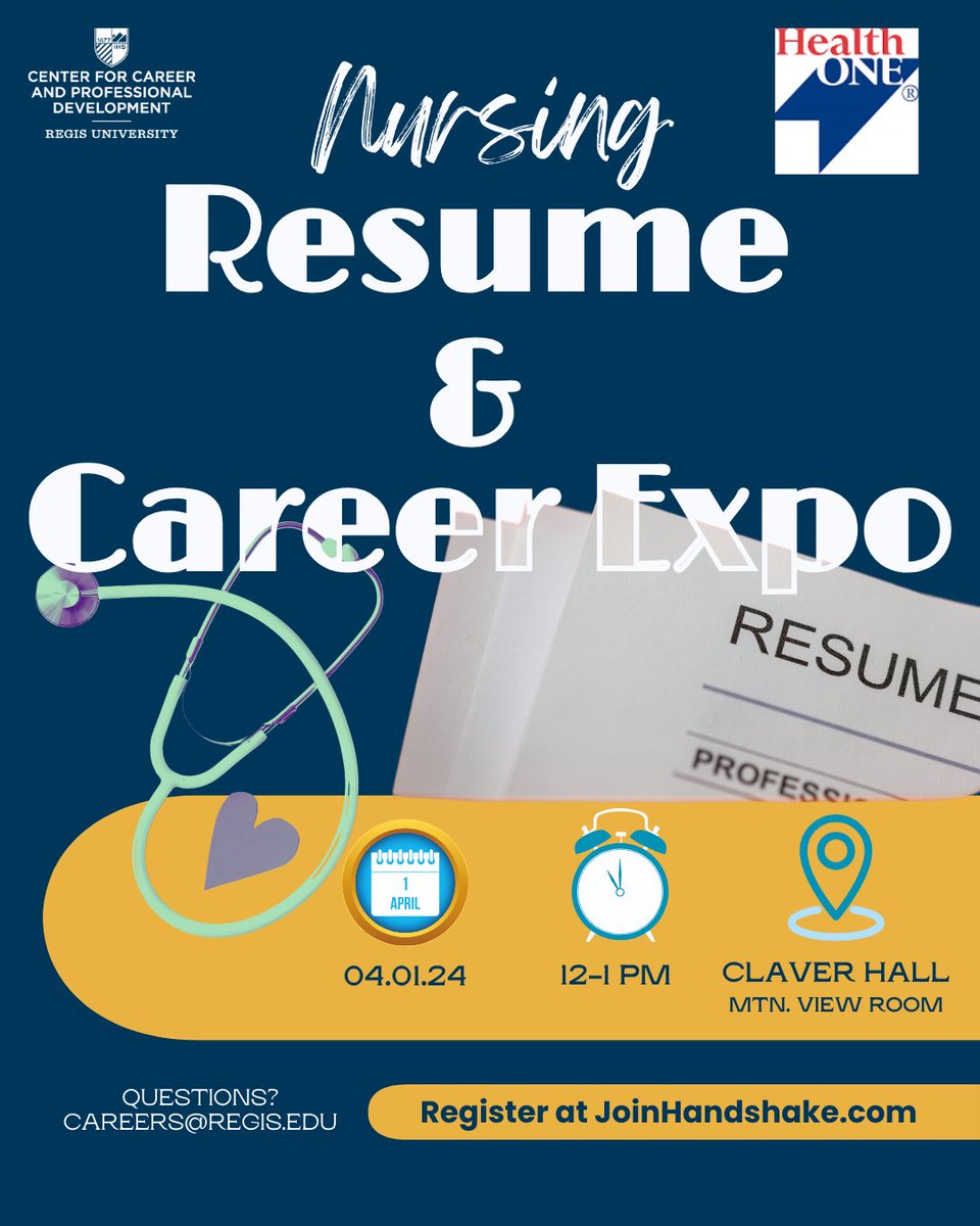 RegisCareers's tweet photo. Calling all @RegisUniversity Nursing students!

The HealthONE Nursing Resume &amp; Career Expo is happening on Mon, Apr 1st from 12-1 PM in the Mountain View Room of Claver Hall.

Bring 2 copies of your resume, and dress professionally.

Sign up at https://t.co/0cE7YkR21S https://t.co/YWnSCeX3HA