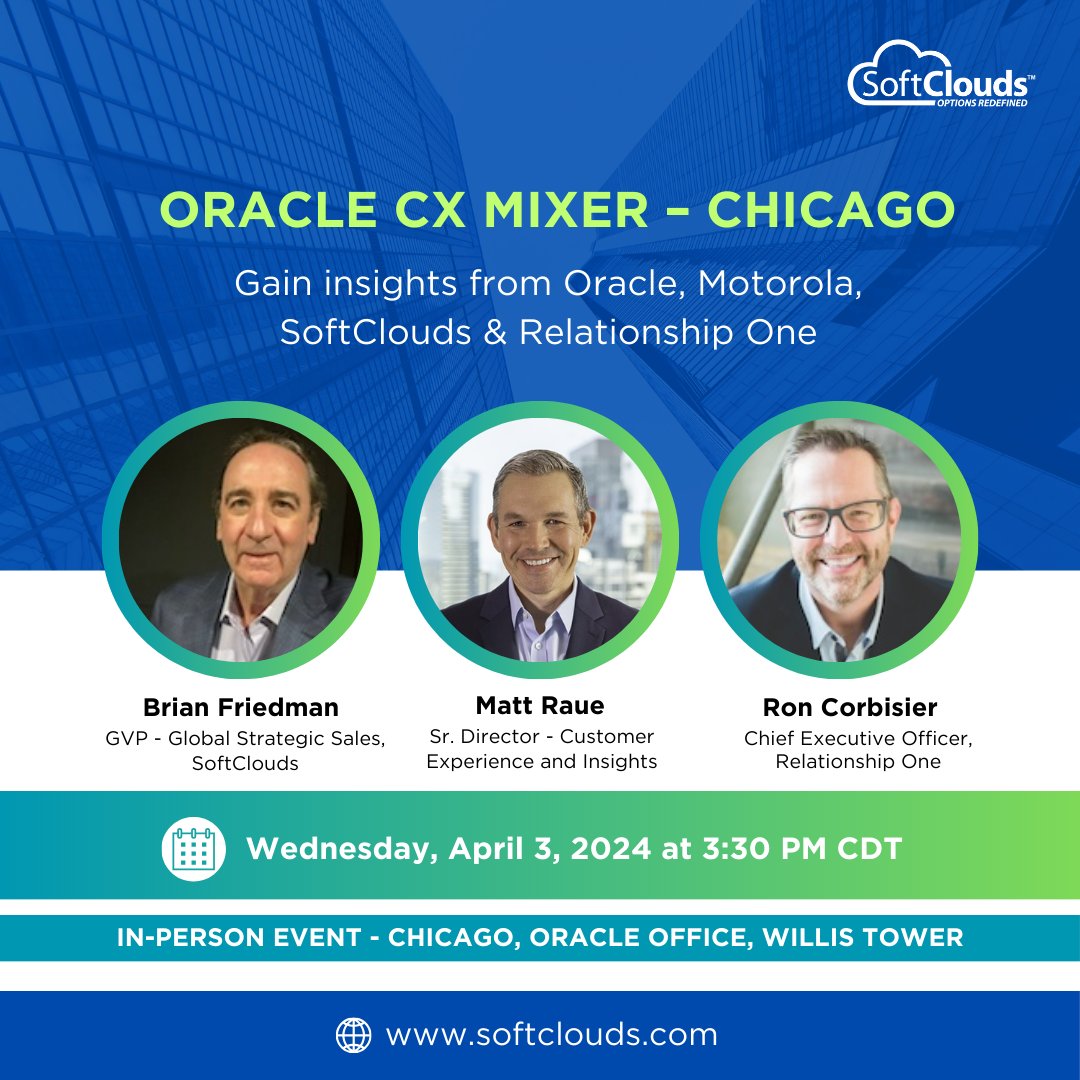 You're invited to the exclusive #Oracle CX Mixer in Chicago on April 3, 2024, @ 3:30pm - 5:30pm CDT. Gain insights from @Oracle, @MotoSolutions, @SoftClouds & @relationshipone, and connect with peers. Register today: eventbrite.com/e/oracle-cx-mi…