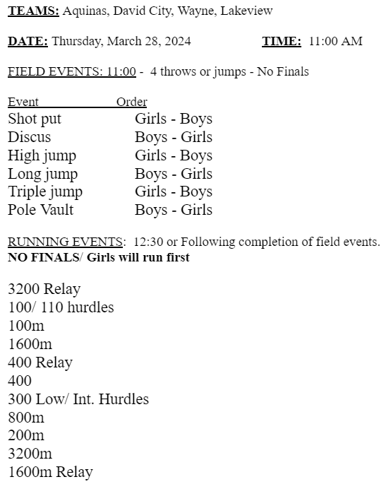 DC_Scouts's tweet photo. Here is tomorrow's track schedule for the David City Track Meet- 3/28/24. 
Field Events start at 11:00 
Running Events at 12:30 https://t.co/vI0TVrOQLK