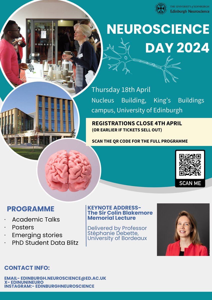 A week to go before registrations close for Neuroscience Day 2024- our annual flagship event for @EdinburghUni members! Check out our full programme & book your tickets if you would like to attend😊 edinburghneuroscience.ed.ac.uk/events/neurosc…