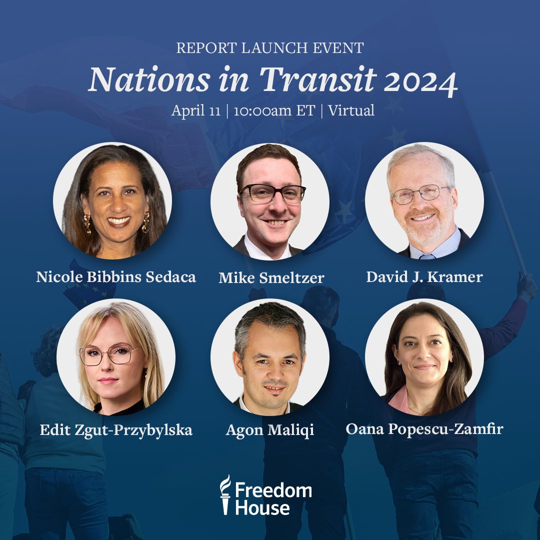 📅 April 11 🕙 10:00am ET | 2:00pm UTC 💻 Virtual Join our 2024 #NationsInTransit launch event for a panel discussion of this year’s major takeaways feat. @ZgutEdit, @OanaPope, @AgonMaliqi, & @smeltzermj, plus remarks by @NicBibSed & David Kramer! RSVP⬇️ freedomhouse.org/event/report-l…