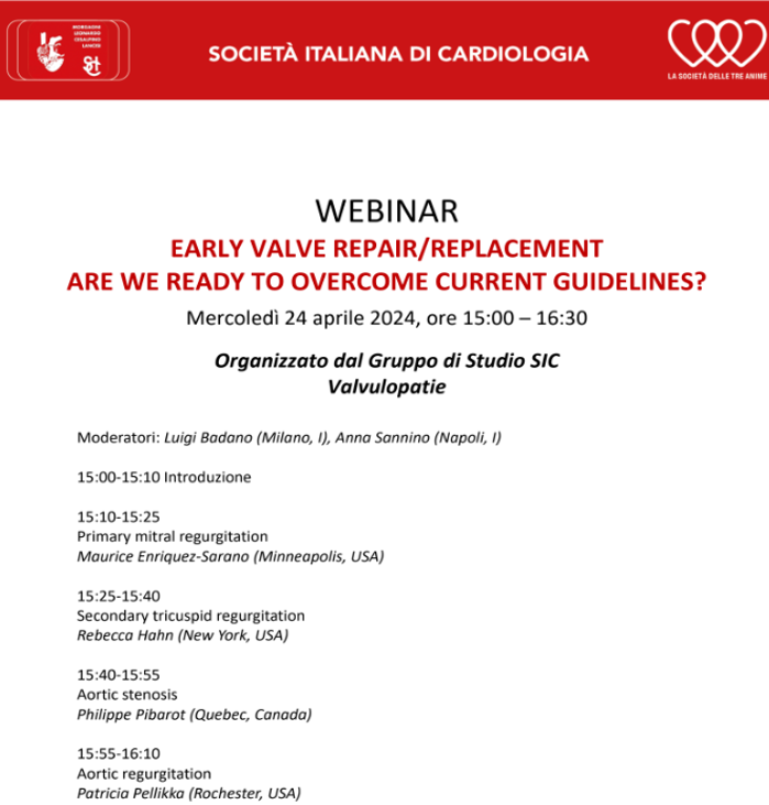 A stellar group of scientists (@hahn_rt @pattypellikka @sarano_maurice @PPibarot) will join us to answer a difficult question during the first webinar of the WG on Heart Valve Diseases of the @SIC_CARDIOLOGIA @AnnaSannino1985. Registration is free us06web.zoom.us/meeting/regist…
