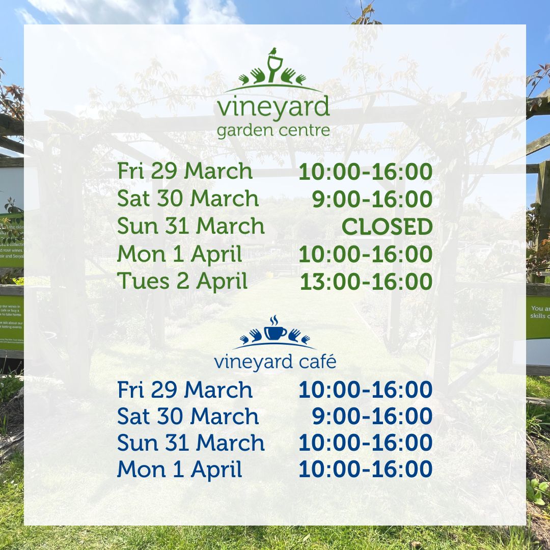 Our garden centre and café will be open as usual over the Easter holidays other than the following special hours:
 GARDEN CENTRE
🌱29th March, 10-4 | 31st March, CLOSED | 1st April, 10-4 | 2nd April, 1-4
 CAFÉ
☕ 29th March, 10-4 | 1st April, 10-4
