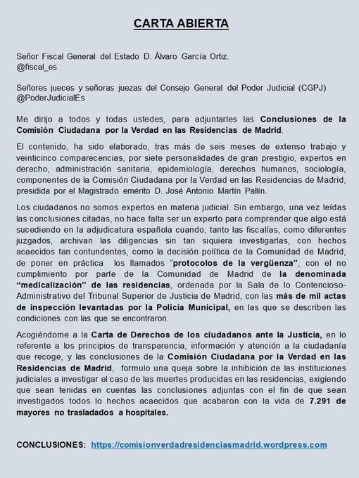 🔴ATENCIÓN:  Los familiares de las víctimas en las residencias de la Comunidad de Madrid nos piden colaboración para difundir esta Carta Abierta donde se solicita a la Fiscalía General del Estado y al CGPJ que intervengan sin demora.  

Por Favor: Máxima difusión 🙏👇