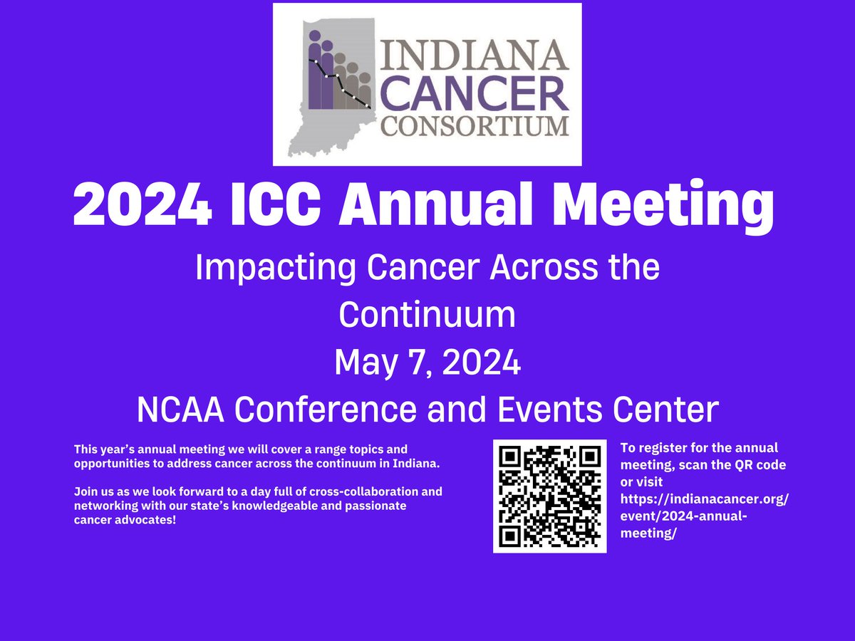 Join us for the 2024 Indiana Cancer Consortium (ICC) Annual Meeting – Impacting Cancer Across the Continuum. This is a unique event that brings together the cancer community in Indiana to create meaningful change in cancer prevention and control. Register: bit.ly/4amKCp4