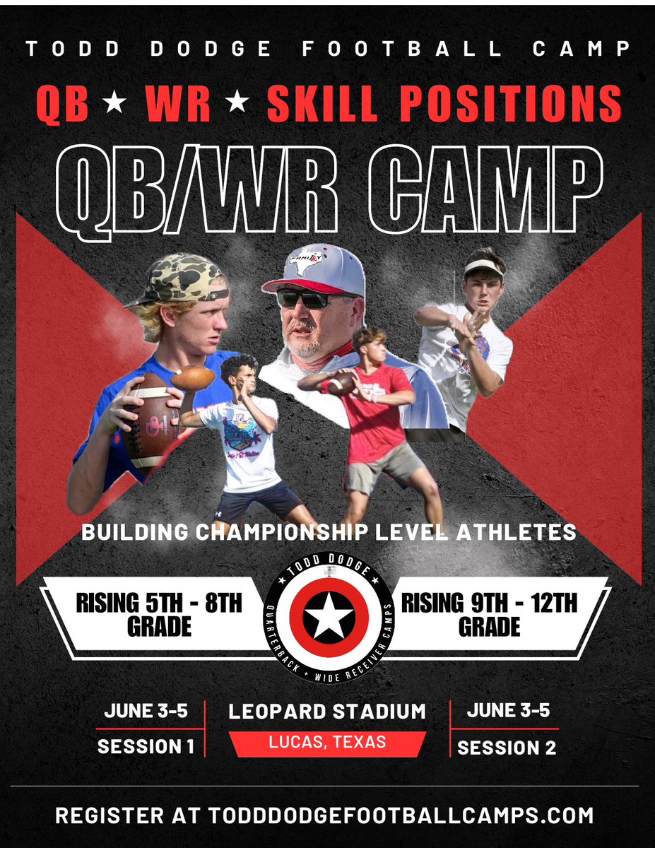 Summer QB/WR camp #33 is June 3-5 at Leopard Stadium. Registration for session 1 (rising 5-8 grade) and session 2 (rising 8-12 grade) is open. This will be my only summer camp for 2024. Link to register in bio. #TDQBWR33