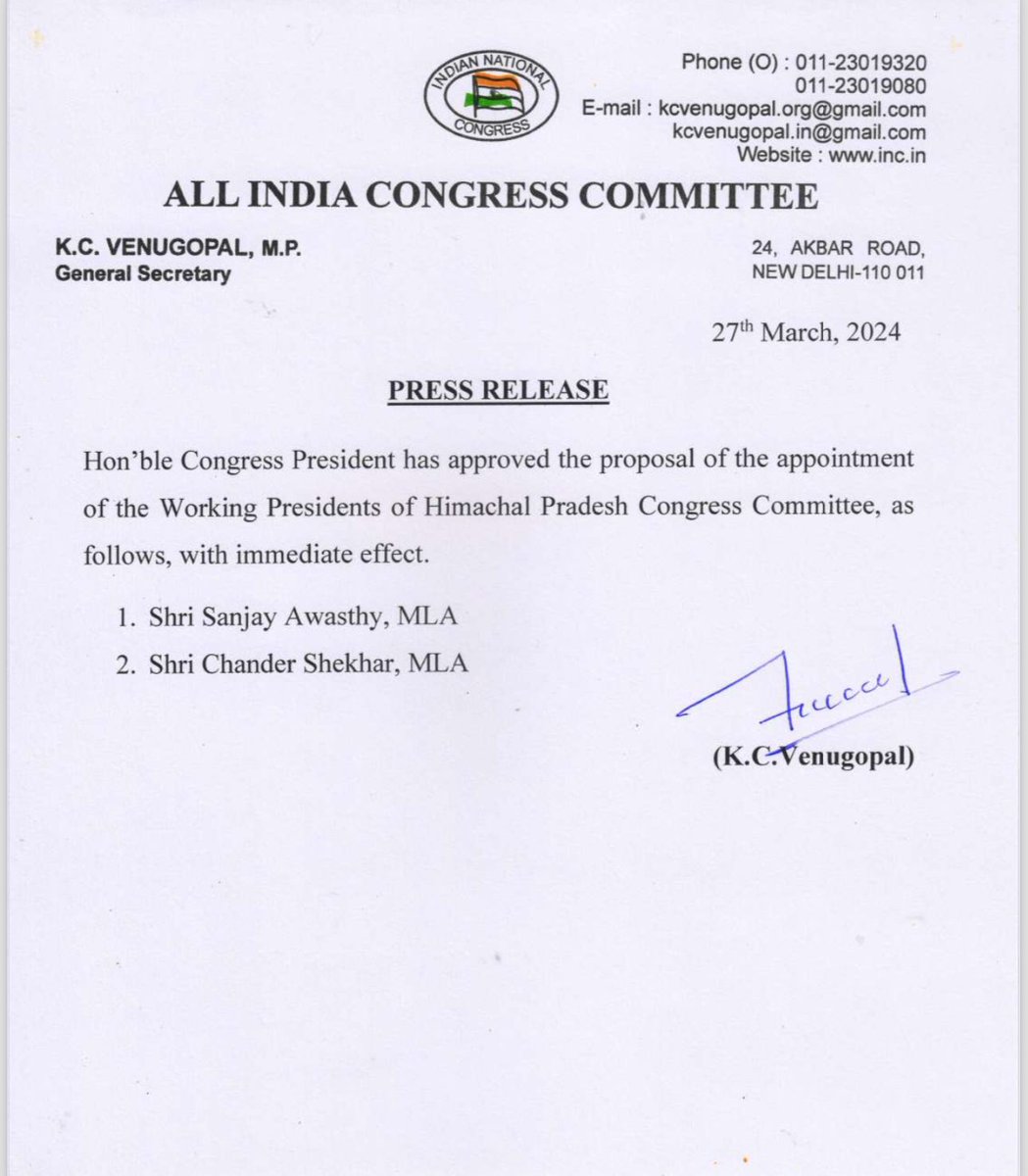 Hon'ble Congress President has approved the proposal of the appointment of the Working Presidents of Himachal Pradesh Congress Committee, as follows, with immediate effect.