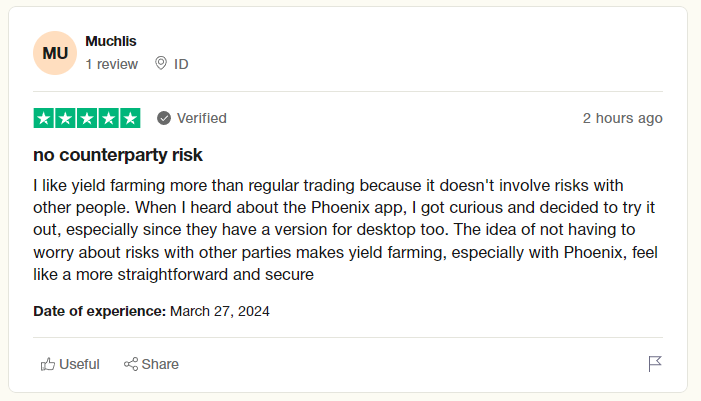 A user review of our platform on Trust Pilot

#YieldFarming 
#passiveincome 
#WeeklyPayouts 
#USDC 
#NoLockups 

Join phoenixapp.io today You can start with as little as $100 to try it out !