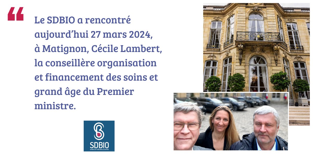 Syndicat des biologistes - SDBio (@syndicatdbio) on Twitter photo Le SDBIO a rencontré aujourd’hui Cécile Lambert, la conseillère organisation et financement des soins et grand âge du Premier ministre <a href="/GabrielAttal/">Gabriel Attal</a> .
L’occasion pour François <a href="/BLANCHECOTTE/">F. BLANCHECOTTE</a> , Canarelli Jean et Emmanuelle Berlier, du SDBIO, de faire le tour des sujets en cours. Le SDBIO a rencontré aujourd’hui Cécile Lambert, la conseillère organisation et financement des soins et grand âge du Premier ministre <a href="/GabrielAttal/">Gabriel Attal</a> .
L’occasion pour François <a href="/BLANCHECOTTE/">F. BLANCHECOTTE</a> , Canarelli Jean et Emmanuelle Berlier, du SDBIO, de faire le tour des sujets en cours.