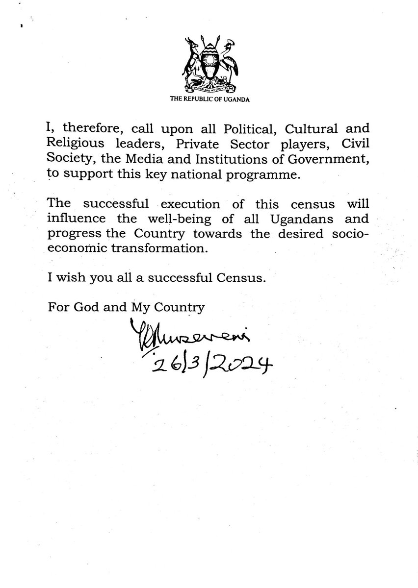 Fellow Countrymen, countrywomen and, especially the bazzukulu. The commencement of the 6th National Population and Housing Census (NPHC) will start on 10th May, 2024. I therefore urge all Ugandans to take part.