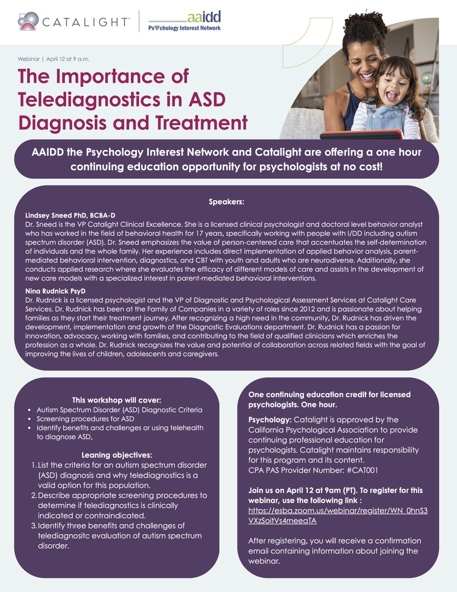 aaiddpsych's tweet photo. AAIDD the Psychology Interest Network and Catalight are offering a one hour continuing education opportunity for psychologists at no cost!

To register for this webinar happening on April 12, 2024, at 9 am (PT), use the following link: https://t.co/xHBhDvbxfR https://t.co/bJ6G001cvW