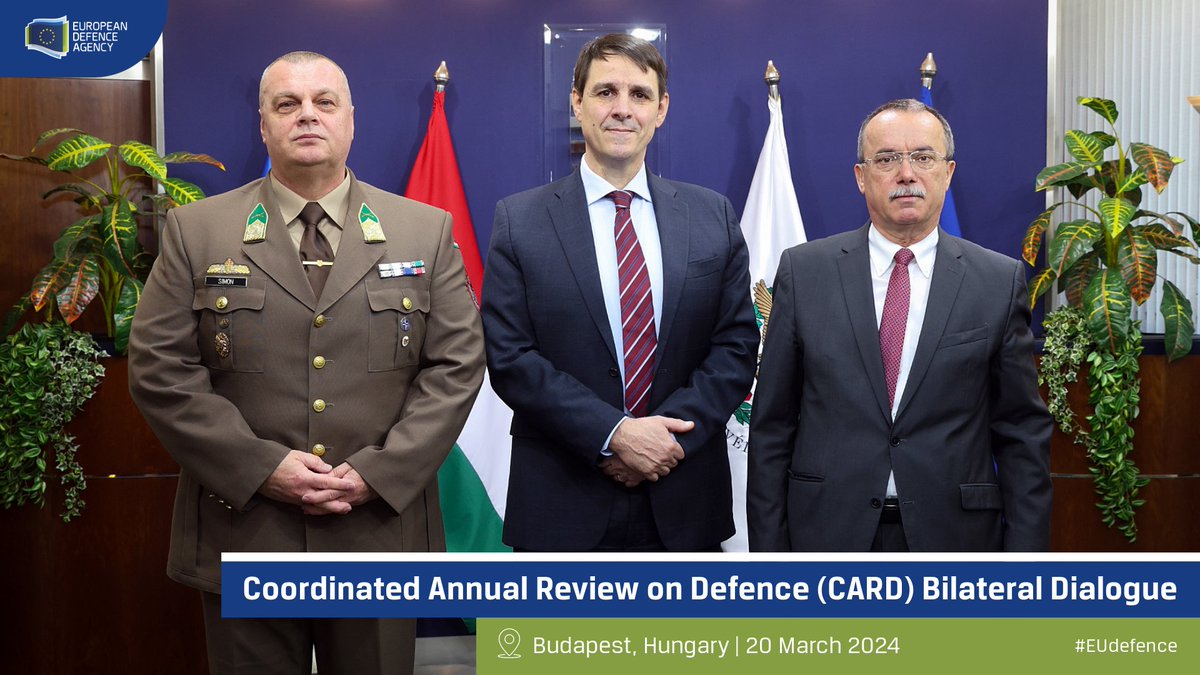EDA’s Coordinated Annual Review on Defence (#CARD) delegation paid a visit to #Hungary 🇭🇺 &amp; met with Ministry of Defence officials, discussing #defence capability development &amp; planning.

More about CARD 👉 bit.ly/49qrV3t

#EUdefence #StrongerTogether

<a href="/HungaryintheEU/">Hungary in the EU</a>