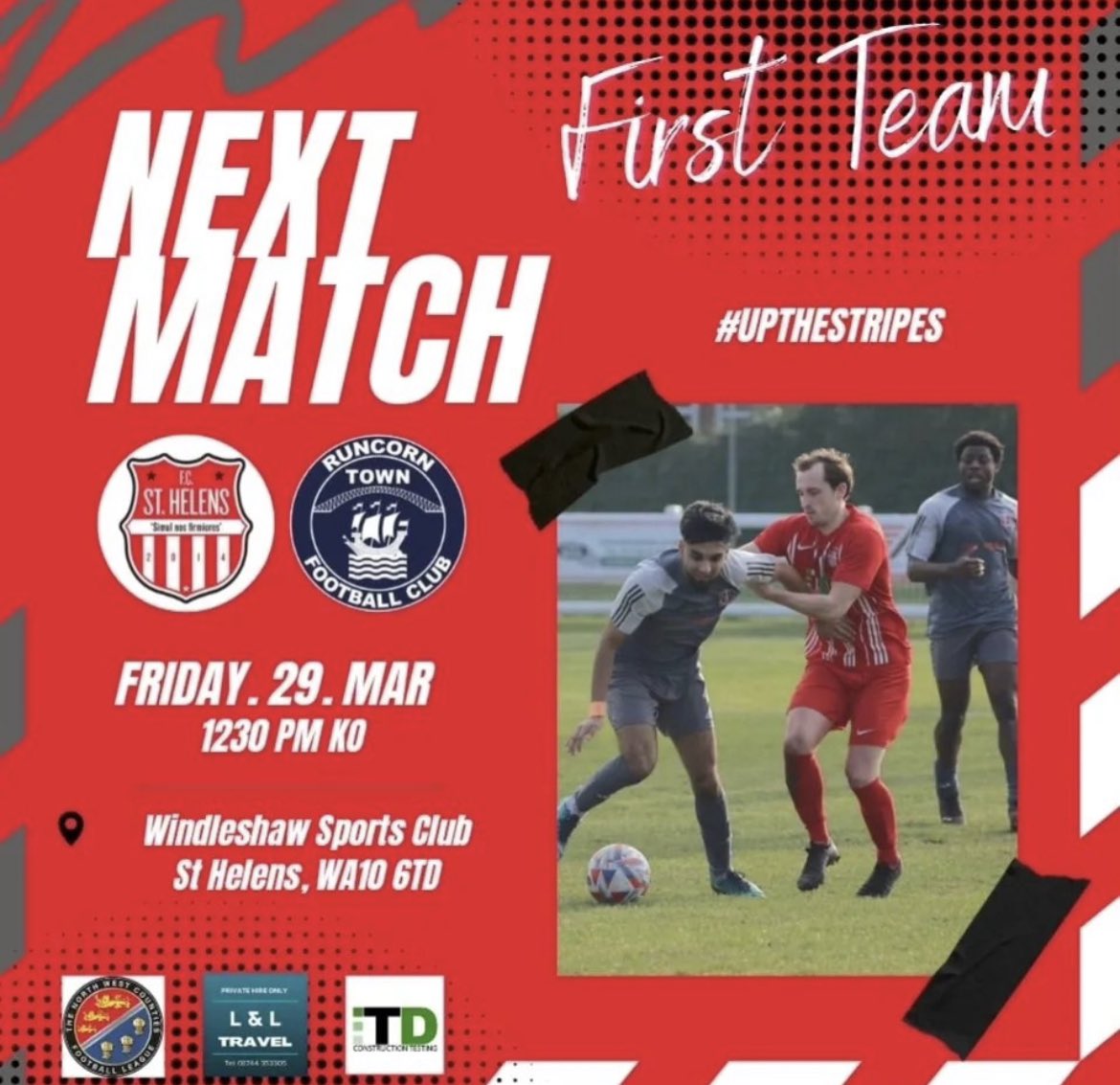 fcsthelens's tweet photo. THEEEEE Biggest game in St Helens this Friday 👀

...or at least the one with potential silverware 🏆

1230pm ko FC v Runcorn Town followed by Saints Wigan on TV 🍻

❌ No VAR
✔️ Beer on the Terraces
🙏 Three points to win the league 

#UpTheStripes  #HistoryToBeMade 🔴⚪️ https://t.co/0VG68RQIV8