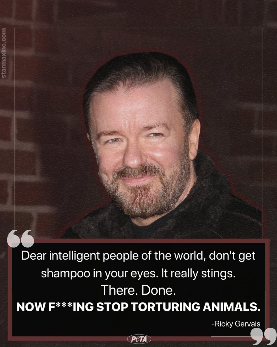 peta's tweet photo. Brilliant. Listen to @rickygervais &amp; never buy products made by companies that test on animals 👏 https://t.co/waxXtEyfIP