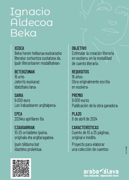 Apirilaren 8ra arte zabalik dago Ignacio Aldecoa bekarako epea. 10-25 orrialdeko ipuin bat eta ipuin bilduma bat egiteko proiektu bat aurkeztu, eta 8000 €-ko saria lortuko duzu. Anima zaitez! .kulturaetxea.araba.eus/eu/ignacio-ald…