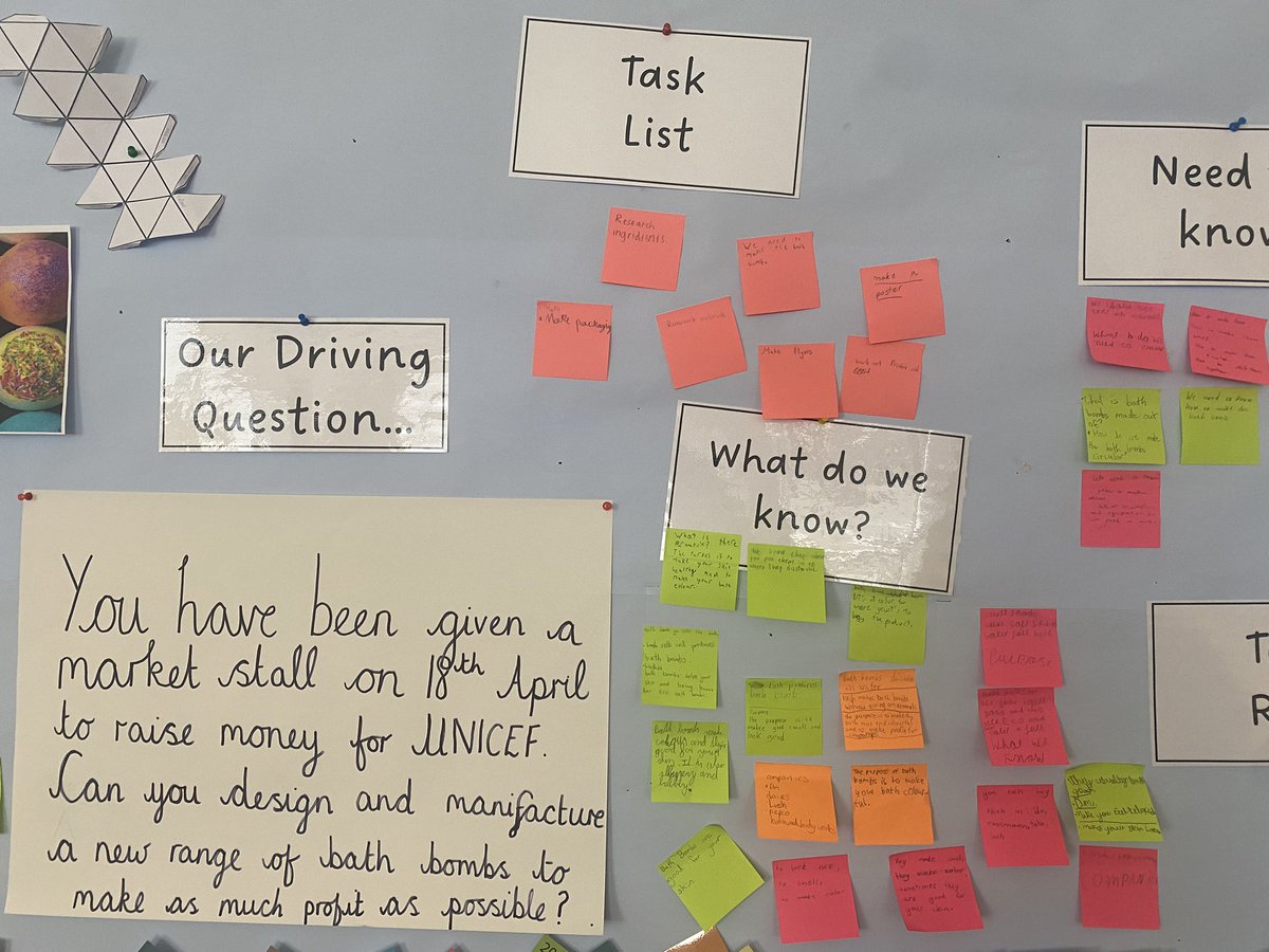 Our project walls have been in full use this week for #PBL week. We started the week with a driving question and have been working as a team to create companies, help the community as well as design and make products #projectbasedlearning #drivingquestion #Project