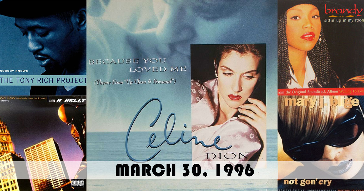ChartsArchive's tweet photo. Here were the top songs on this day in 1996:
1. "Because You Loved Me" - #CelineDion
2. "Nobody Knows" - The #TonyRichProject
3. "Sittin' Up In My Room" - #Brandy
4. "Down Low (Nobody Has To Know)" - #RKelly ft Ronald Isley
5. "Not Gon' Cry" - #MaryJBlige
https://t.co/t1eBOABKVr https://t.co/gAqN70TXd3