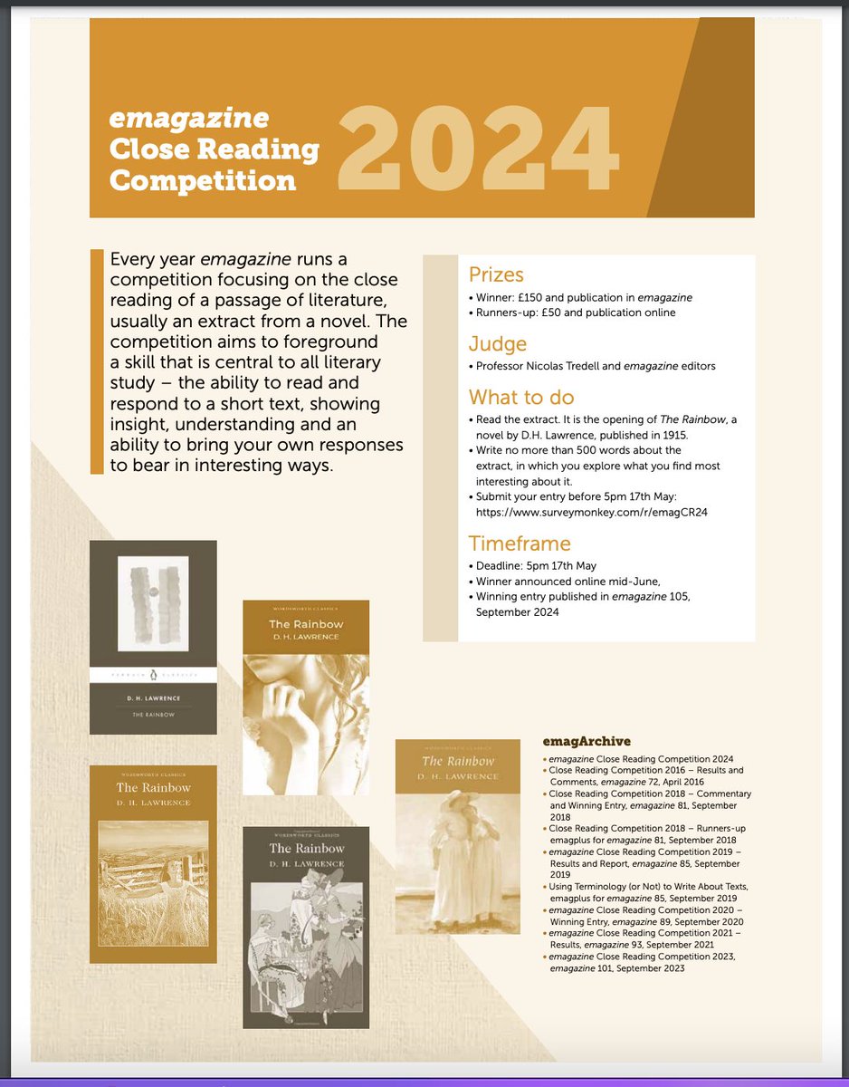 In the April emag & online you'll find details of our annual Close Reading Competition, launching now, closing 17 May. We're keen to get students' own responses, not taught ones, so all it needs is for you to share this with students & suggest they enter. englishandmedia.co.uk/emc-magazines/