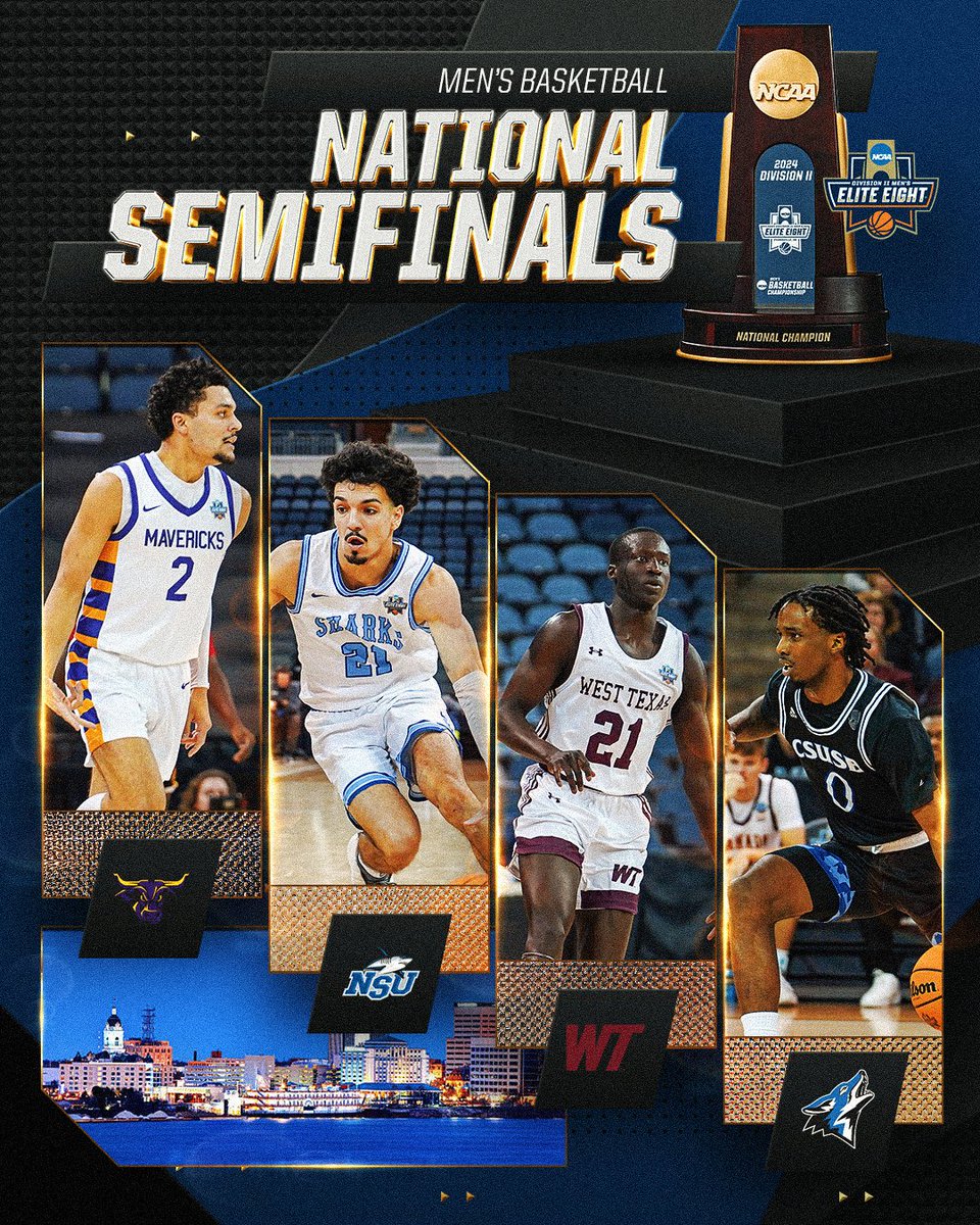 SEMIFINALS🔜 📆 Thursday, March 28 📺 CBS Sports Network 📊 on.ncaa.com/D2MBBsp ⏰ 2 PM ET 2️⃣ @NSU_MBasketball 🆚 6️⃣ @CSUSBMBB ⏰ 4:30 PM ET 1️⃣ @MinnStMBBall 🆚 4️⃣ @WestTXD2Hoops #MEliteEight | #D2MBB