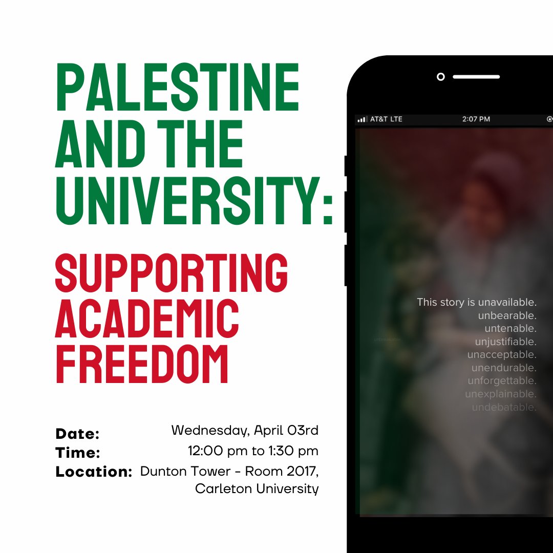 cuasa's tweet photo. Palestine and the University: Supporting Academic Freedom

Next Wednesday, April 3, from 12:00-1:30pm in 2018 Dunton Tower. https://t.co/8Tz5ZGbgnk