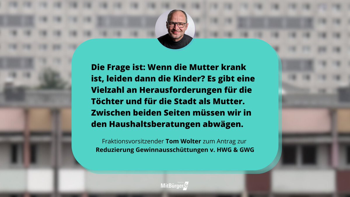 "Beide Geschäftsführerinnen [von HWG und GWG] haben klar von den Risiken und Herausforderungen berichtet. Wir haben das als Stadtrat sehr wohl wahrgenommen und haben deswegen die Abführungen um ein Drittel gekürzt", erklärt <a href="/WukTom/">Tom Wolter</a> für unsere Fraktion. (1/3) #StadtratHalle