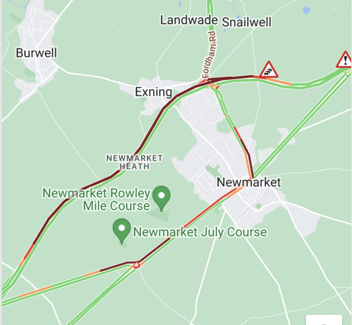 #A14 eastbound - partially blocked and queueing traffic for 6 miles - between J37 (Newmarket) and J38 (A11/Waterhall) - reports of a multi vehicle collision - police are in attendance - queues back to J36 (Nine Mile Hill/A11) - long queues through Newmarket town (A1304)