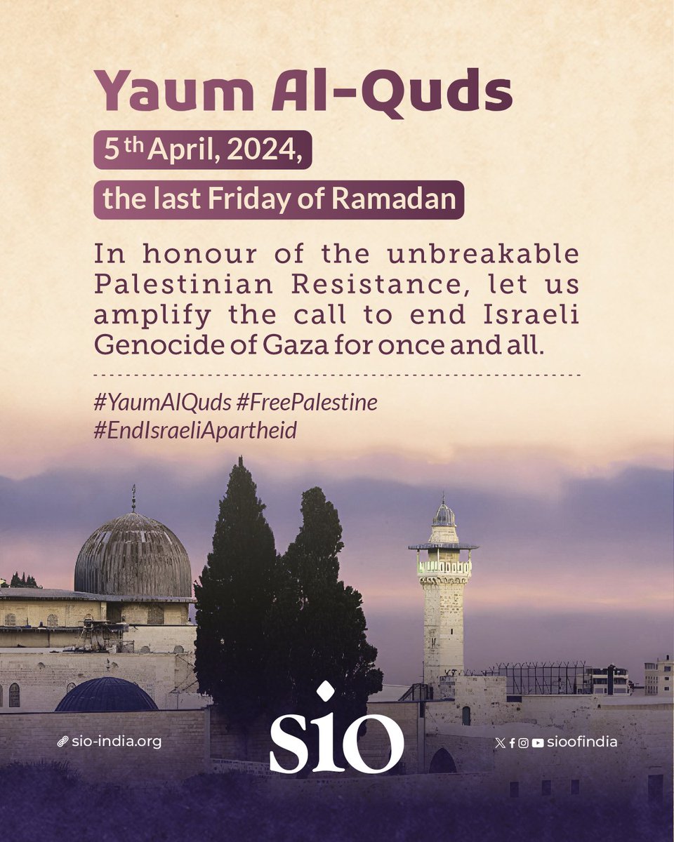 sioindia's tweet photo. Yaum Al-Quds

5th April, 2024, the last Friday of Ramadan

In honour of the unbreakable Palestinian Resistance, let us amplify the call to end Israeli Genocide of Gaza for once and all.

#YaumAlQuds #FreePalestine #EndIsraeliApartheid https://t.co/bBmNP0k0KK