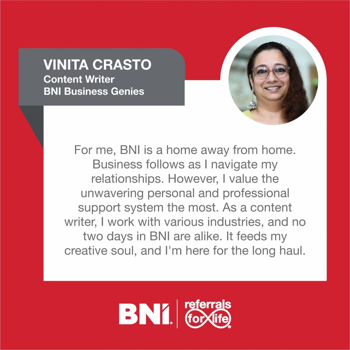 Meet Vinita Crasto a valued member of our BNI community! For her, BNI is more than just a networking platform; it's a second home where business thrives through genuine connections. Thank you, Vinita, for sharing your heartfelt experience with us! #BNI #MyBNIStory #Networking