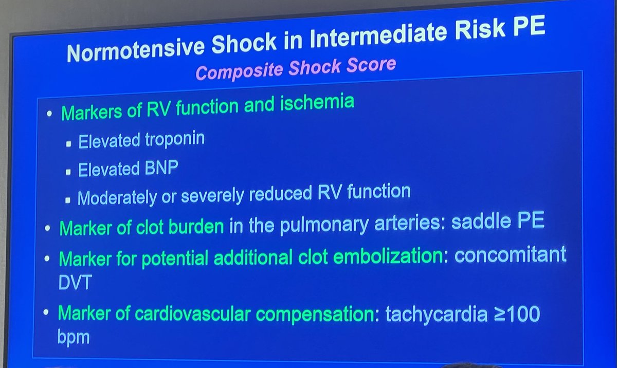 Superb talk by Dr. @SripalBangalore @nyulangone on evolving acute #PE care: including validated #CPES score @JACCJournals to better risk stratify “normotensive shock” pts [FLASH⚡️trial]. Note: trop, BNP, RV dysfunction, presence of tachycardia, saddle PE +/- concomitant DVT #PERT